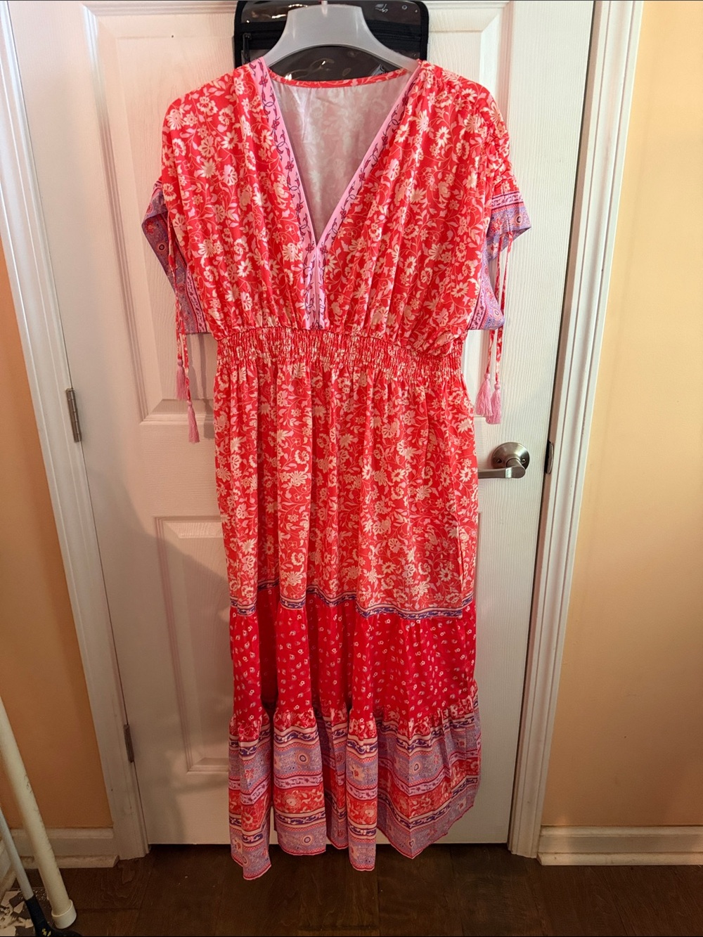 Boho Red Floral V-Neck Maxi Dress